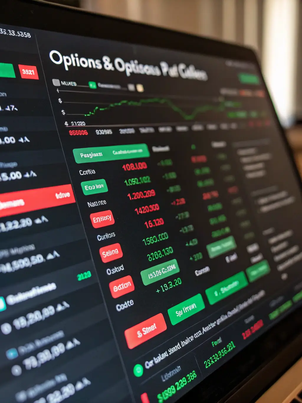 A visual representation of options trading, showing a graphical interface with call and put options, strike prices, and expiration dates.