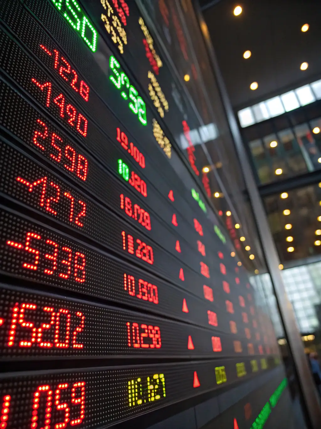 A close-up shot of various stock tickers on a dynamic stock market display board, symbolizing the diverse range of stocks available for trading on Pinvest.