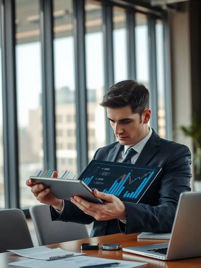 A person analyzing a line graph on a tablet, with a pen in hand, showcasing data analysis for informed investment decisions, in a modern office setting.
